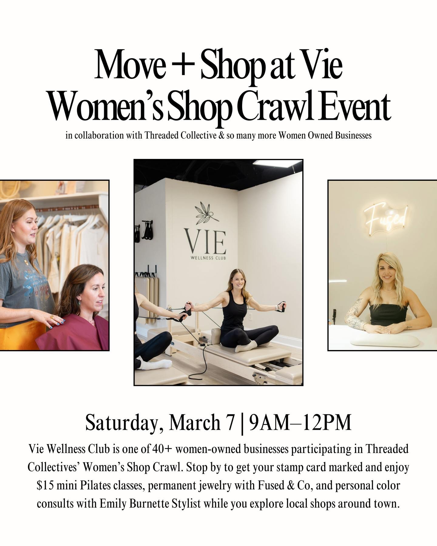 We are so excited to be part of the Threaded Collectives' Women&rsquo;s Shop Crawl on March 7 from 9AM&ndash;12PM! 🎉 

Vie Wellness Club is one of 40+ women-owned businesses participating in this citywide event, and we can&rsquo;t wait to welcome yo