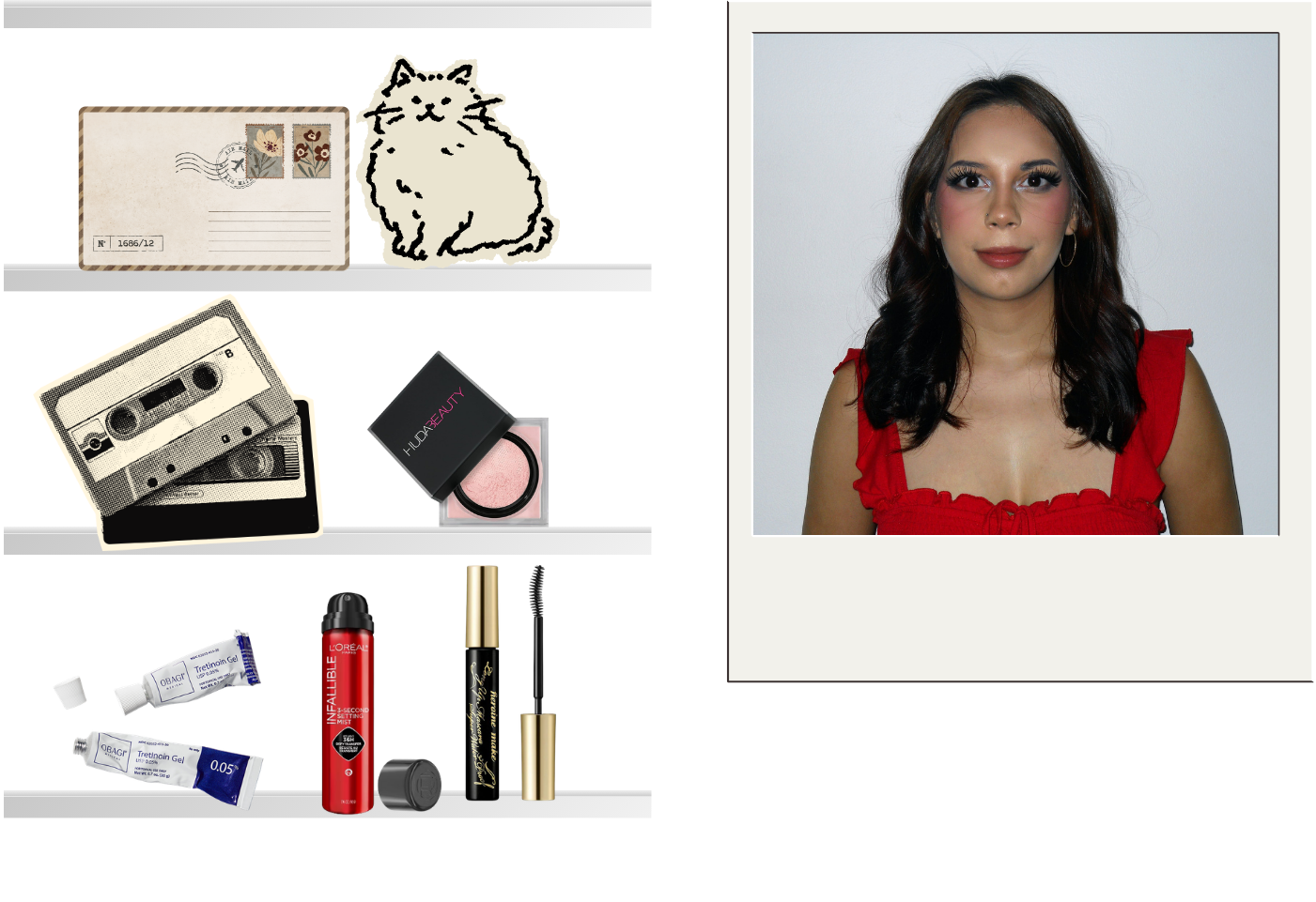 A collage of various objects including a photograph of a woman in a red top, a drawing of a cat on stationery, a cassette tape, makeup items such as blush, lipstick, and lip balm, and pharmaceutical products like ointments and gels.
