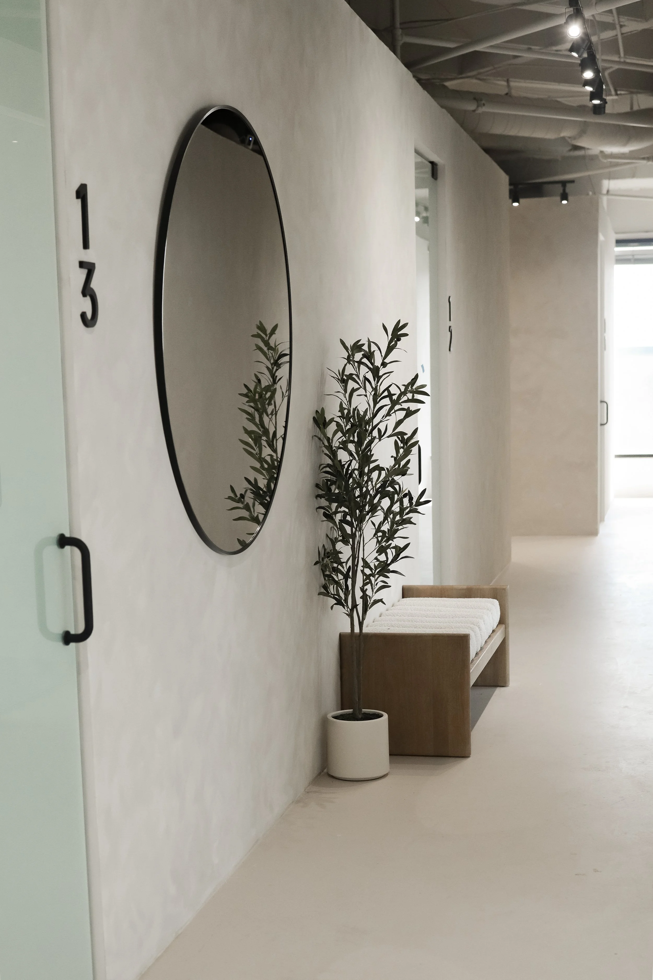 Ja Suites hallway showing dallas salon suite 13, olive tree, mirror and bench