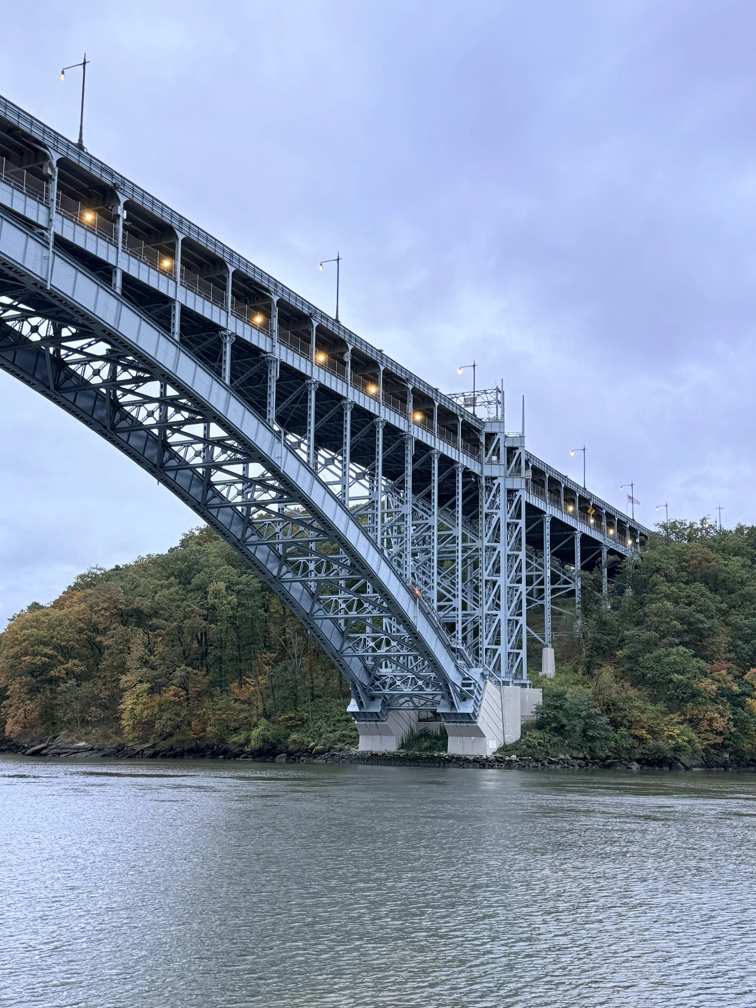 Aerial view of a bridge spanning a river in an urban area with surrounding trees and buildings.