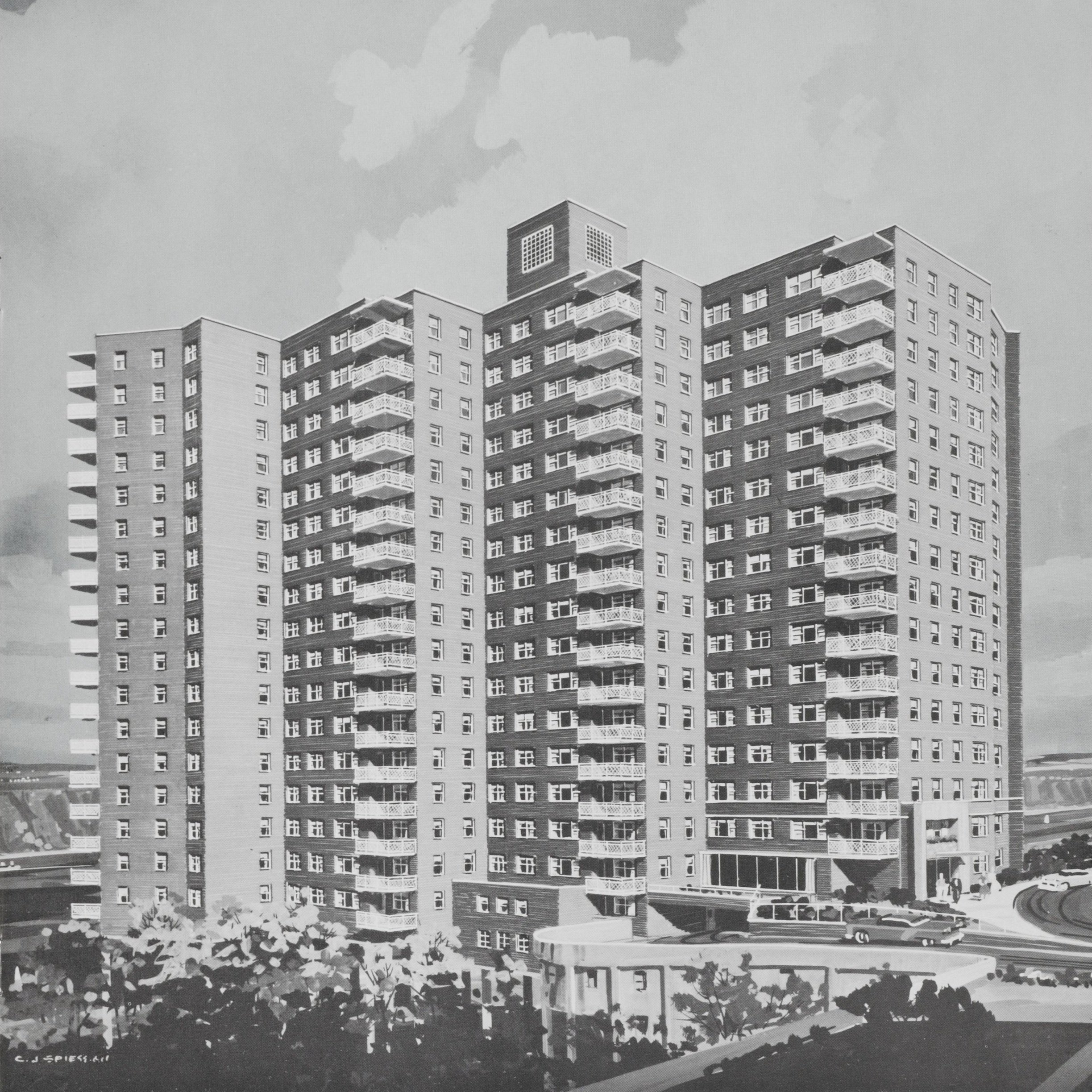 Illustration of a multi-story apartment building with balconies, River Terrace Apartments