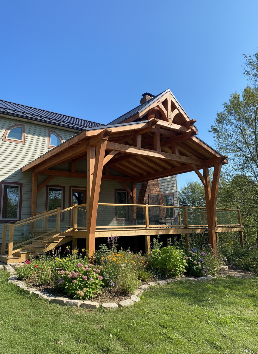A wooden raised deck attached to a house with a garden and flowerbed in the foreground, under a clear blue sky.