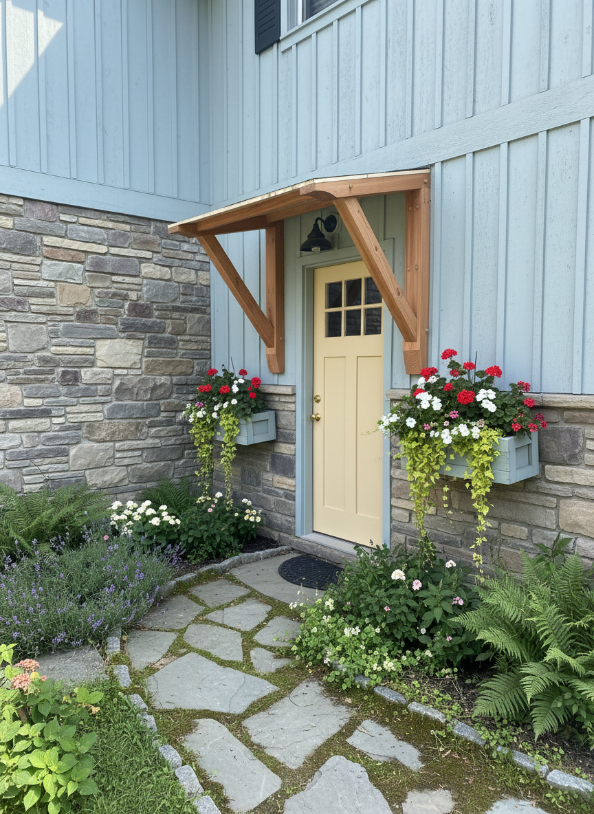A front door with a small porch, surrounded by a garden with various plants and flowers, and two window boxes filled with red and white flowers
