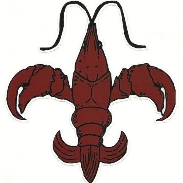 Illustration of a red crayfish or lobster with large claws and antennae.