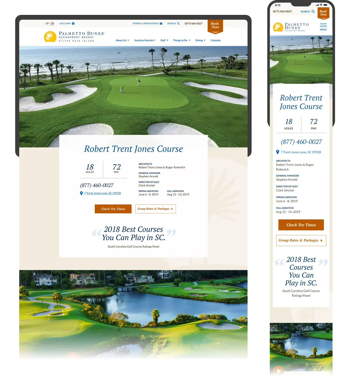 desktop and mobile website screen mockups of Palmetto Dunes's golft page