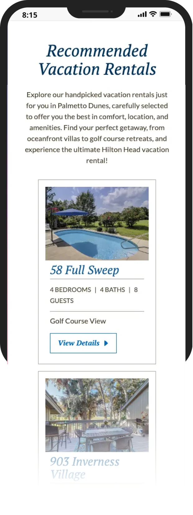 2nd mobile homepage screenshot of Palmetto Dunes