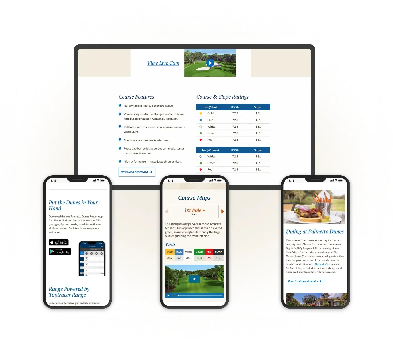 more desktop and mobile website screen mockups of Palmetto Dunes's golft page
