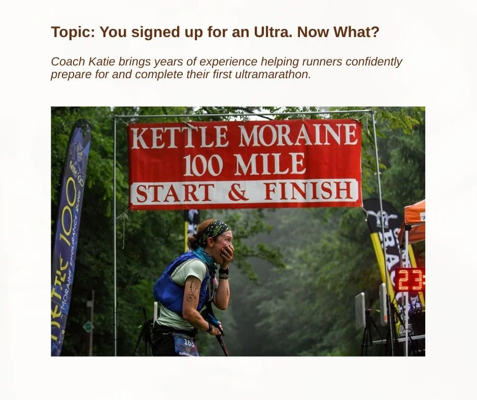 A female runner at the start and finish line of the Kettle Moraine 100-mile ultramarathon, appearing emotional as she prepares for the race, with a red and white banner overhead and a digital clock showing 23 minutes.