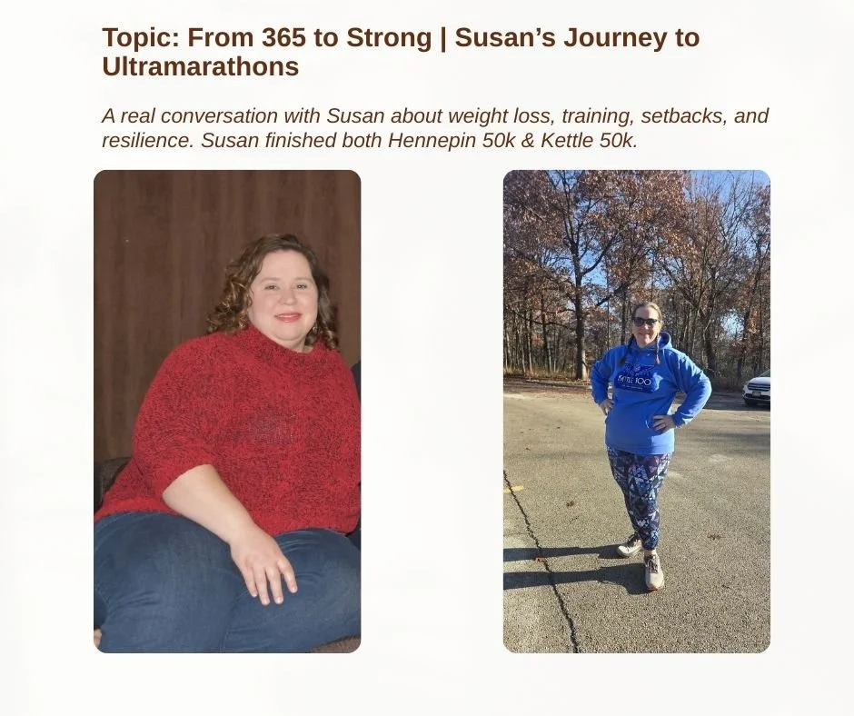 A side-by-side comparison of Susan before and after her ultramarathon journey; on the left, she is sitting in a casual setting wearing a red sweater and jeans; on the right, she is outdoors in athletic gear, standing on a paved path with trees in the background, smiling after completing a race.