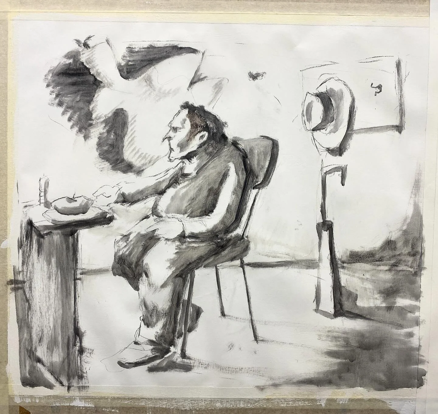 Drawing with paint. Just a scary guy I thought of, but what&rsquo;s his story? Final painting soon.
-
-
-#painting #underpainting #workinprogress #oilpainting