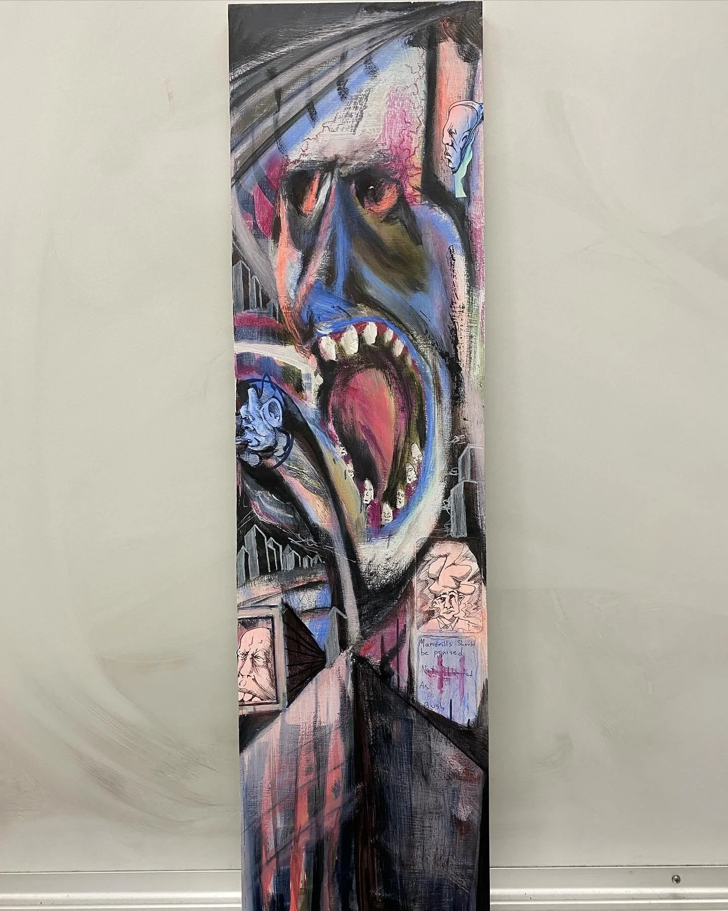 &ldquo;Bushmeat&rdquo;
8 x 36&rdquo;
Mixed media, spraypaint, acrylic, stickers, pastel, etc.