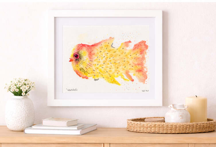 Watercolor painting of a fish with a large eye, yellow and orange body, framed on a wall