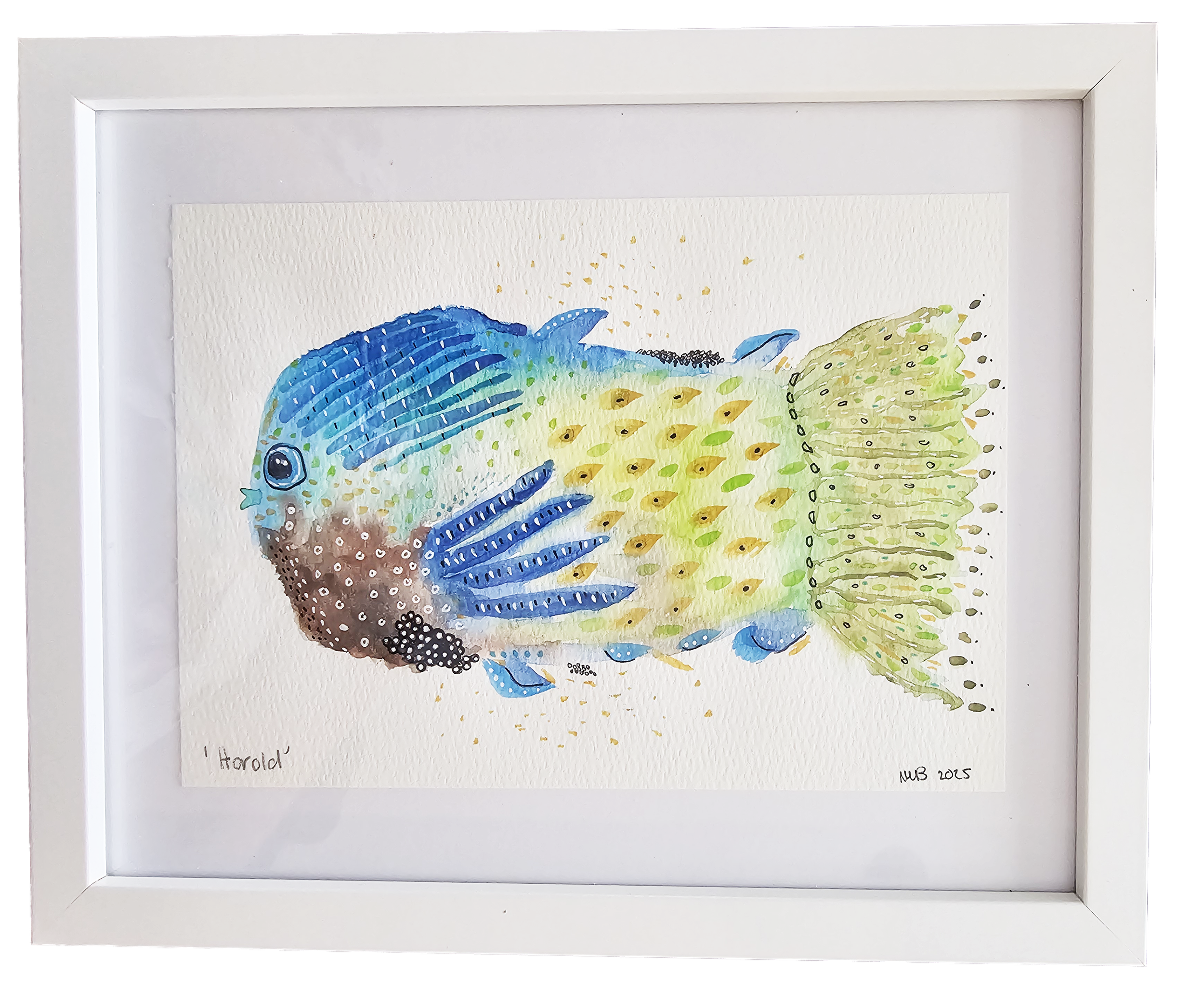 Watercolor painting of a colorful fish with blue, yellow, green, and brown markings, framed in white.