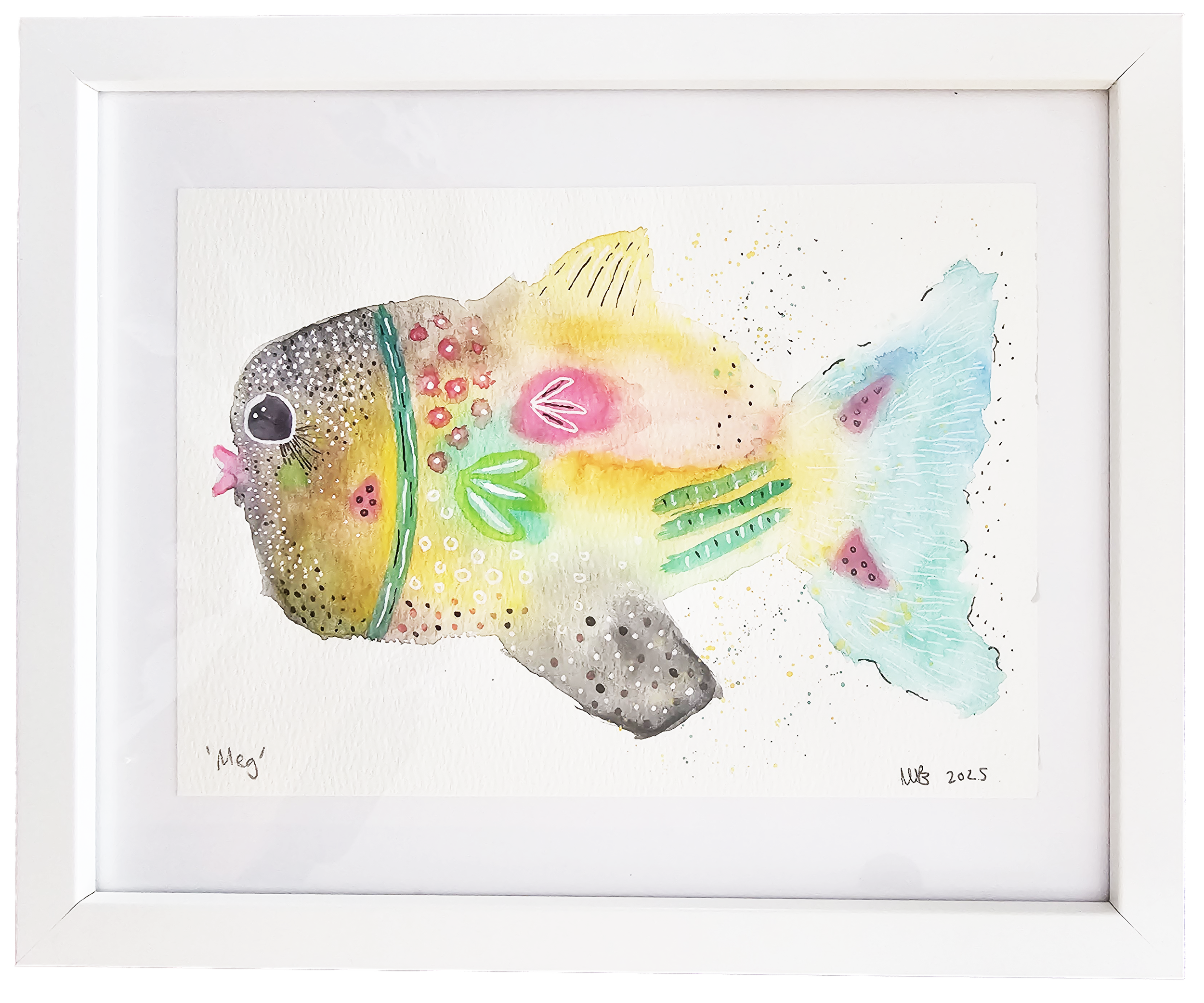 A colorful watercolor painting of a fish with a yellow and pink body, black eye, and decorated with green, pink, and black patterns. The fish has a transparent blue fin and is framed in white.