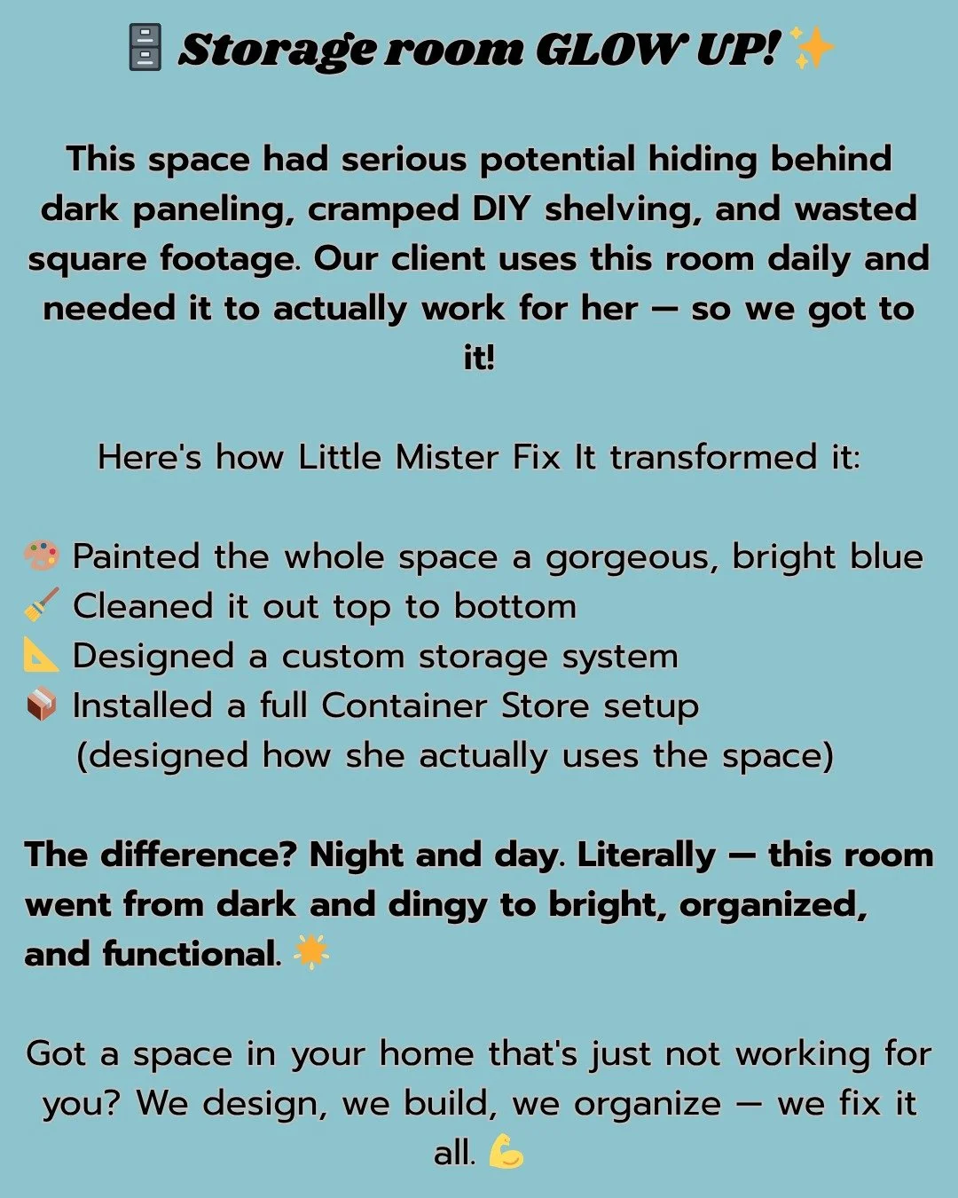 🗄️ Storage room glow up! 

✨ Dark paneling, cramped shelving, wasted space &rarr; bright, organized, and functional. Painted, cleaned, designed, and installed a full custom storage system. 

Night and day difference. Got a space that's not working f