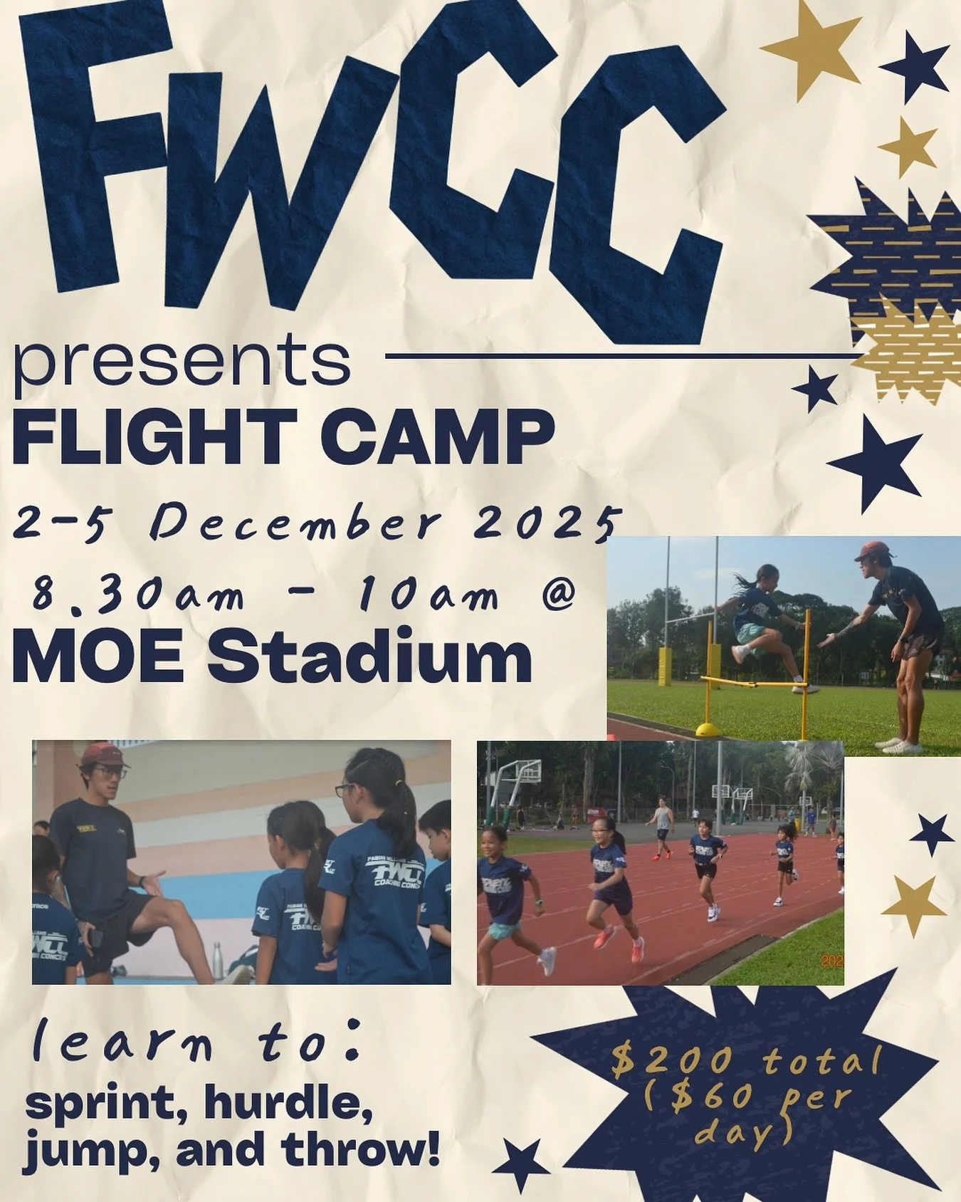 FWCC presents: FLIGHT CAMP &mdash; December Edition!

Ready to sprint, hurdle, jump and throw your way into the holidays? 

Our 4-day athletics camp is back this December!

📅 : 2, 3, 4, 5 Dec from 8.30am&ndash;10am
📍: MOE (Evans) Stadium, 21 Evans 