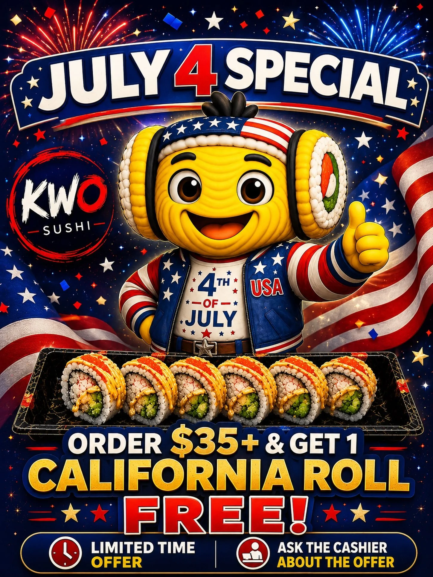 🎆🇺🇸 JULY 4 SPECIAL IS HERE! 🇺🇸🎆
Celebrate Independence Day with your favorite sushi! 🥢✨

🎁 Order $35 or more and get 1 FREE California Roll!

Gather your family and friends, enjoy amazing food, and let us make your celebration even more delic