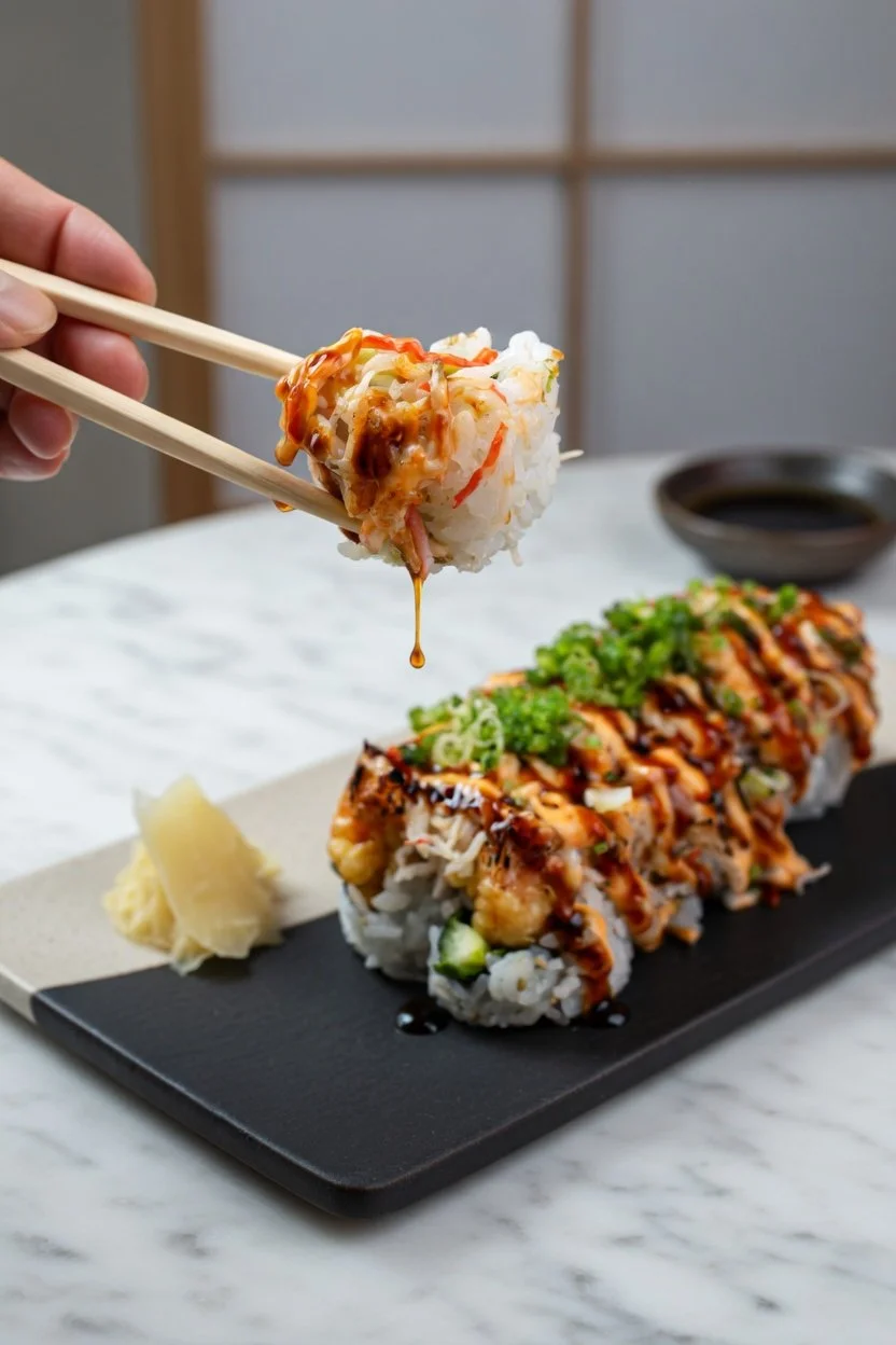Close-up of a sushi roll with sauce, green onions, and eel, on a black rectangular plate, with a hand holding a piece with chopsticks, on a white marble table.
