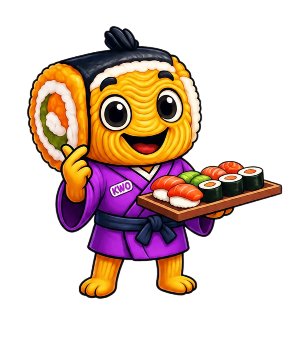 "Kwo" he's KWO SUSHI mascot character with a sushi roll for a head, dressed in a purple kimono holding a tray of sushi, smiling and doing K-series love heart.