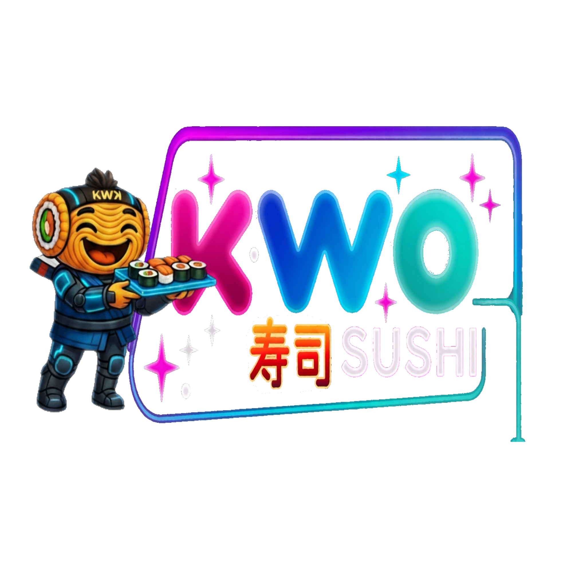 Colorful neon sign with Japanese characters, stars, and a cartoon character in a suit holding sushi, suggesting a sushi restaurant.