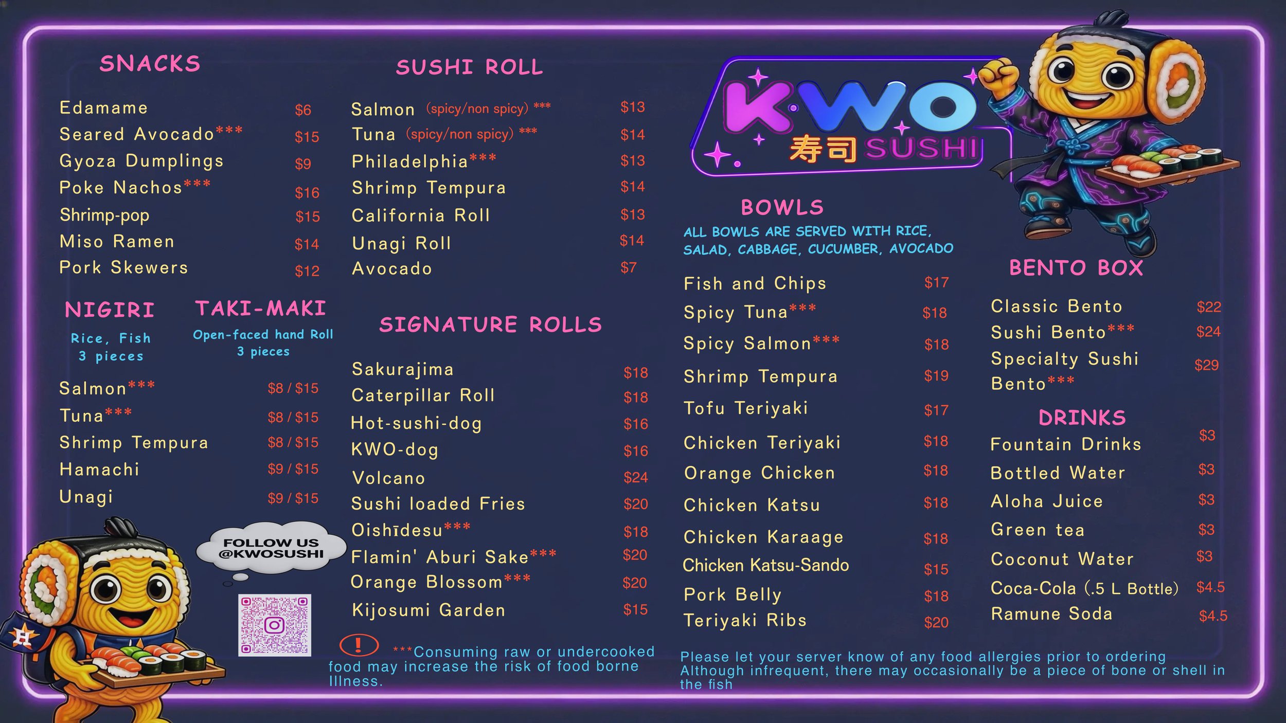 Colorful menu board for a sushi restaurant with sections for snacks, sushi rolls, nigiri, signature rolls, bowls, bentos, and drinks. Includes prices and some dish descriptions, and features cartoon sushi character with a neon sign at the top.