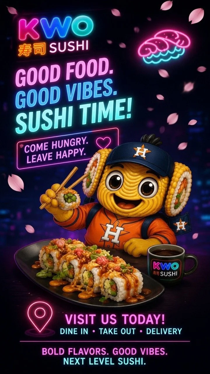 Neon sign for KWO Sushi with phrases like 'Good Food, Good Vibes, Sushi Time,' and an animated mascot resembling a smiling takoyaki ball with big eyes, wearing a Houston Astros cap. The mascot is holding a piece of sushi with chopsticks and sitting at a table with a platter of sushi rolls. The background is black with pink cherry blossom petals and neon graphics.