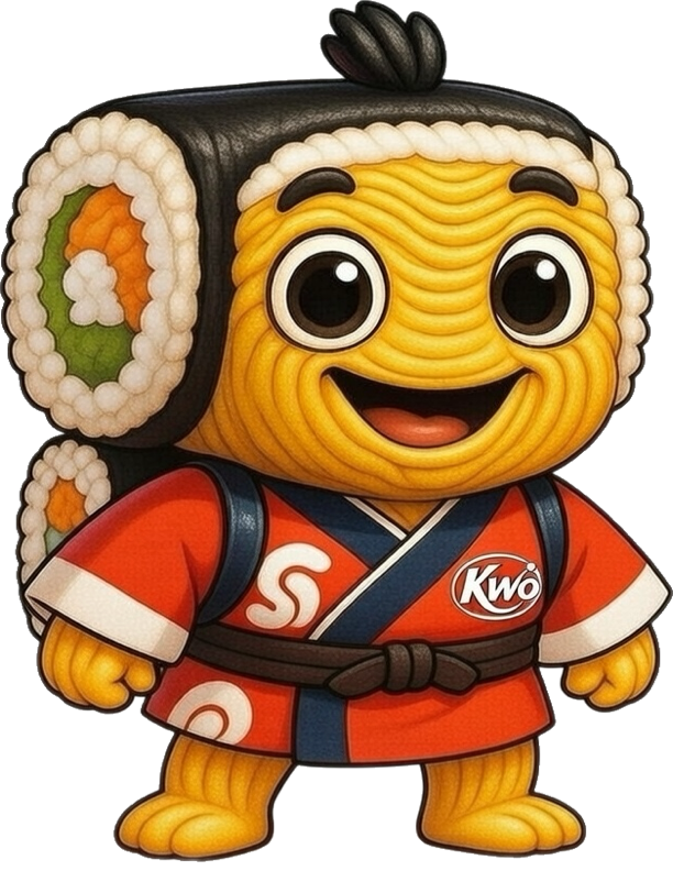 A cartoon sushi mascot with a smiling face, large eyes, wearing a red kimono with black and white details, and carrying a large sushi roll on its back.