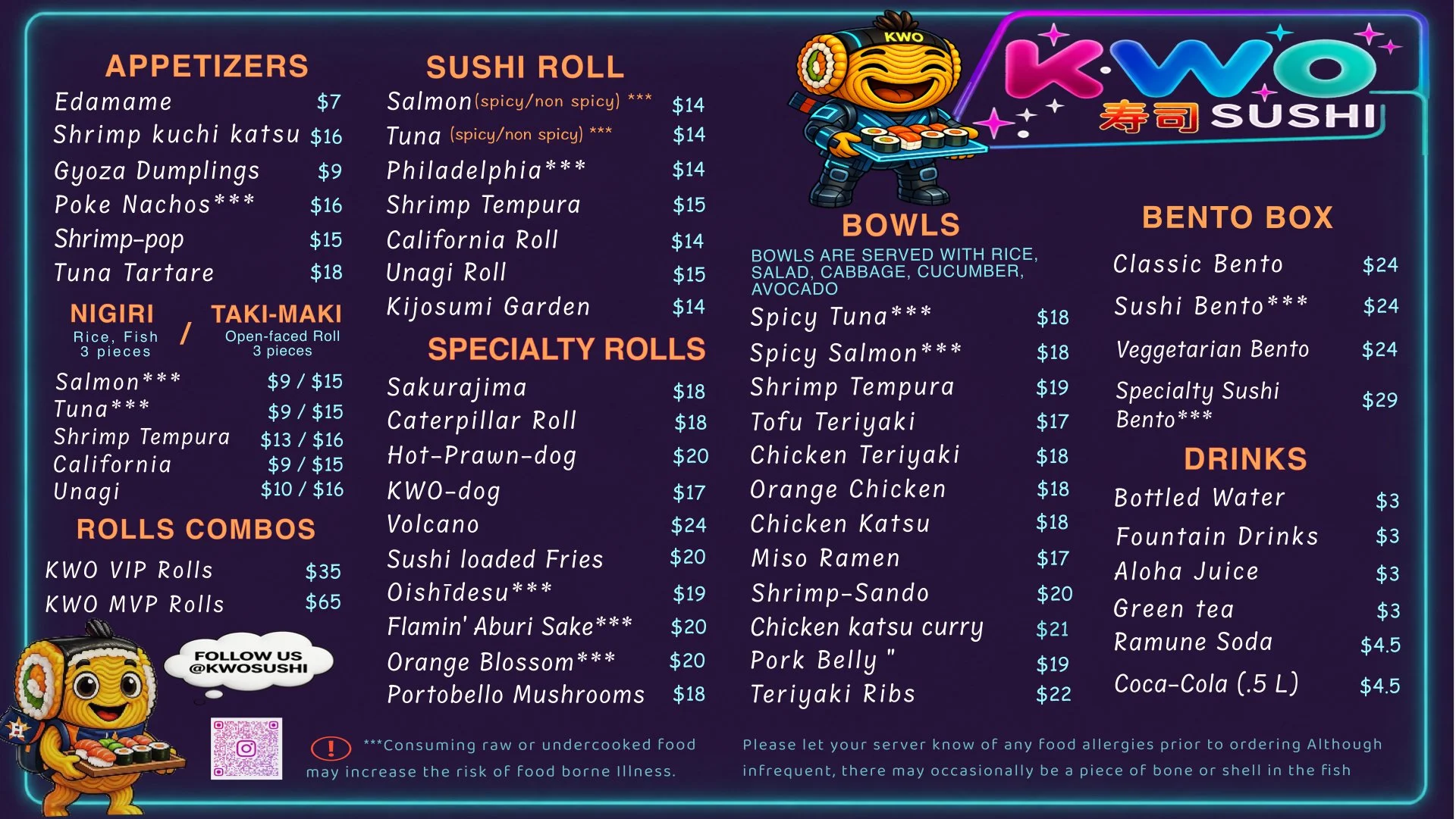Colorful menu board offering various sushi, appetizers, nigiri, special rolls, bowl options, bento boxes, and drinks at KWO Sushi. Features cartoon fish mascot.