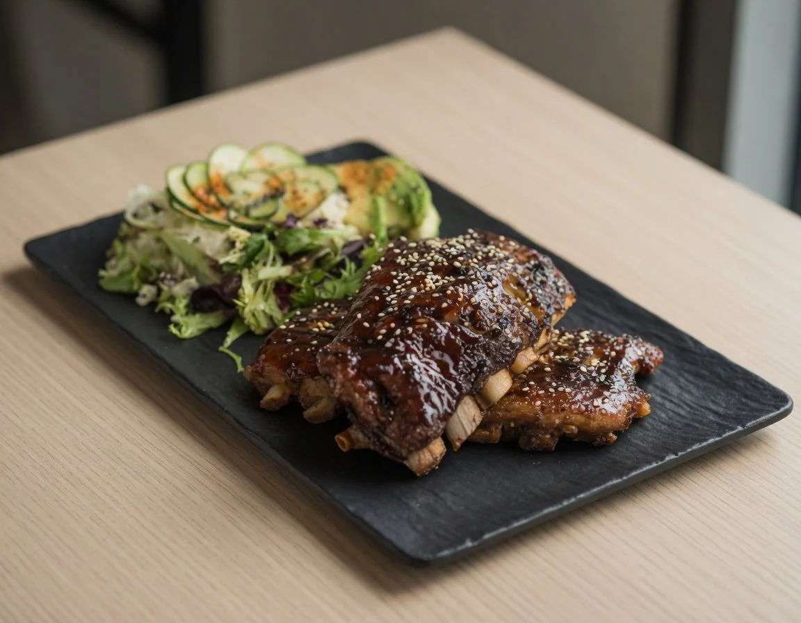 Barbecue pork ribs with a side salad on a black rectangular plate.
