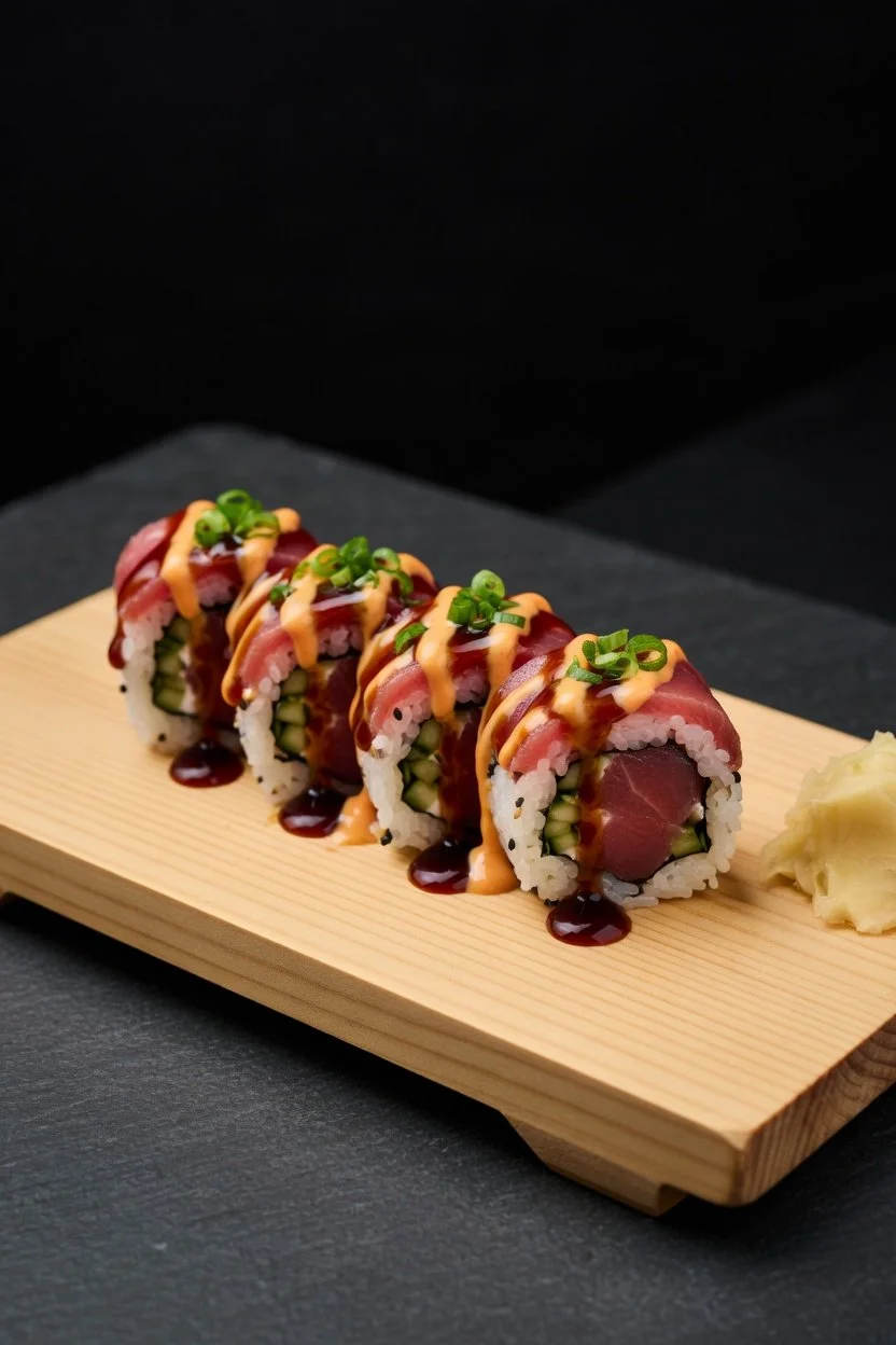 Sushi roll with slices of raw fish, cucumber, drizzled with orange sauce, topped with chopped green onions, served with wasabi on a wooden platter.