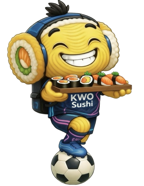 A cartoon sushi chef character with a smiling face, wearing a blue headband and a black apron labeled 'KWO Sushi', standing on a soccer ball and holding a tray of sushi rolls and salmon sashimi.