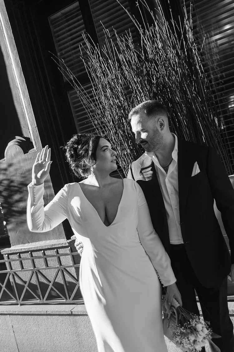 black and white photo of bride and groom after eloping
