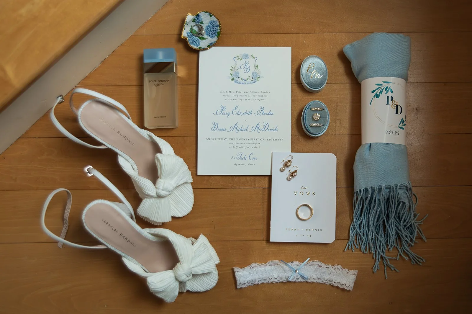 flat lay of wedding details for micro wedding in maine