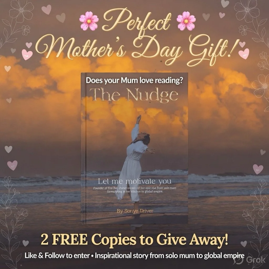 📖 Does your mum like reading?
Then this could be the perfect gift for her! ❤️
I&rsquo;m giving away 2 FREE copies of The Nudge by Sonya Driver.
This beautiful book shares Sonya&rsquo;s inspiring journey from solo mum formulating products in her kitc