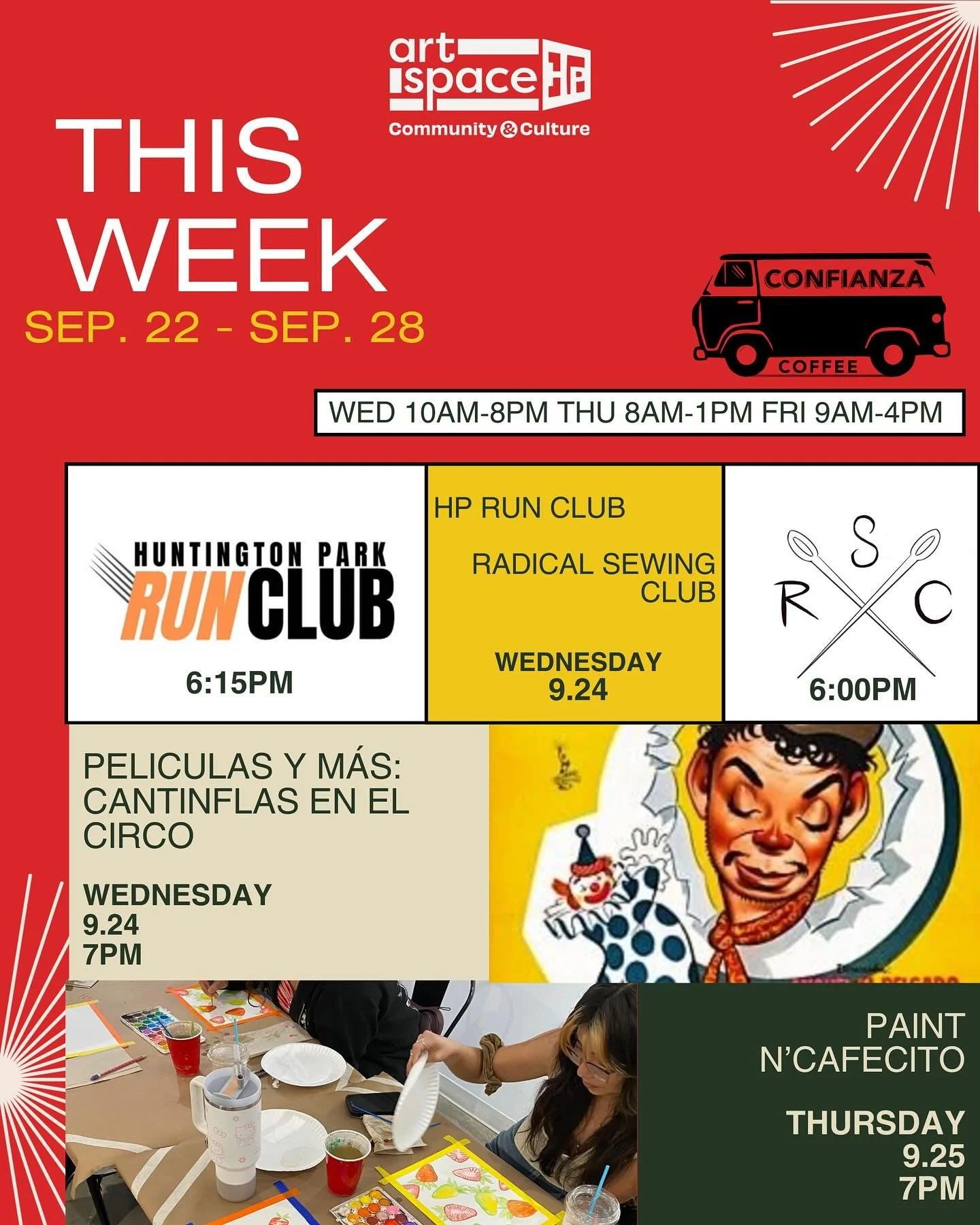 adi&oacute;s sweet summer, hello lovely fall&hellip;

Here&rsquo;s what&rsquo;s going on this week at Art Space HP! 

🏃🏻&zwj;♀️ @huntingtonparkrunclub 
🪡 @radicalsewingclub 
🎥 @peliculasymas_ 
🎨 paint n&rsquo;cafecito with @nereidaarts &amp; @co
