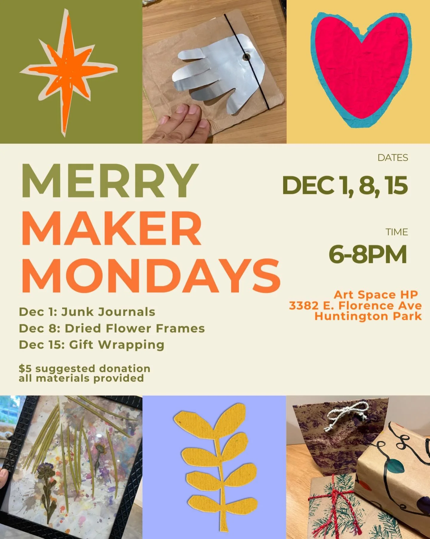 We want to come together and make lovely things on Mondays&hellip;

Join @lamansfield for Merry Maker Mondays! 

📔 Junk Journals: Dec 1st

🌼 Dried Flower Frames: Dec 8th 

🎁 Gift Wrapping: Dec 15th

$5 suggested donation - no one will be turned aw