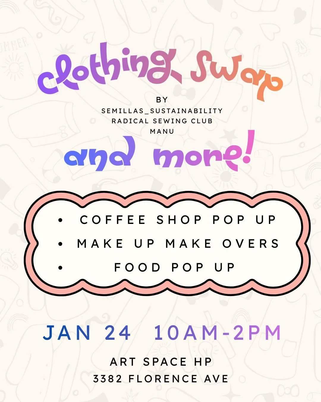 Clothing Swap Updates:

Saturday&rsquo;s clothing swap will also include coffee, yummy food &amp; makeovers!

@confianzacoffee will be serving delicious drinks while you swap 

@_elmezquite_ will keep you fed with vegan options 

and @appiahlooks wil