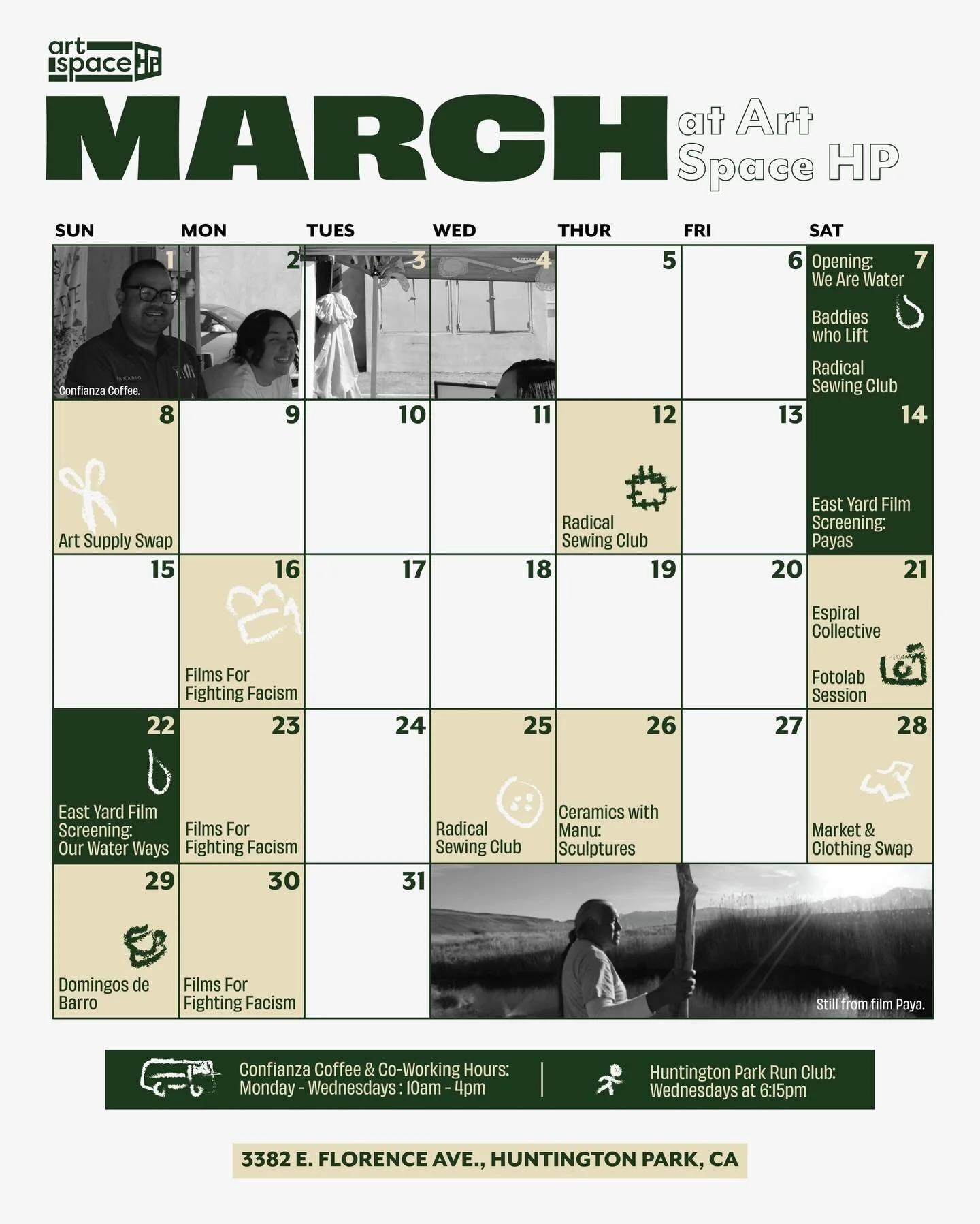 March @ Art Space HP 

A new exhibition opens this Saturday! 

Coffee with confianza, and art supply swap, running with run club, sewing with radical sewing club, lifting with baddies, films, y ceramics&hellip;see you this month! 

✨ Link in bio to r