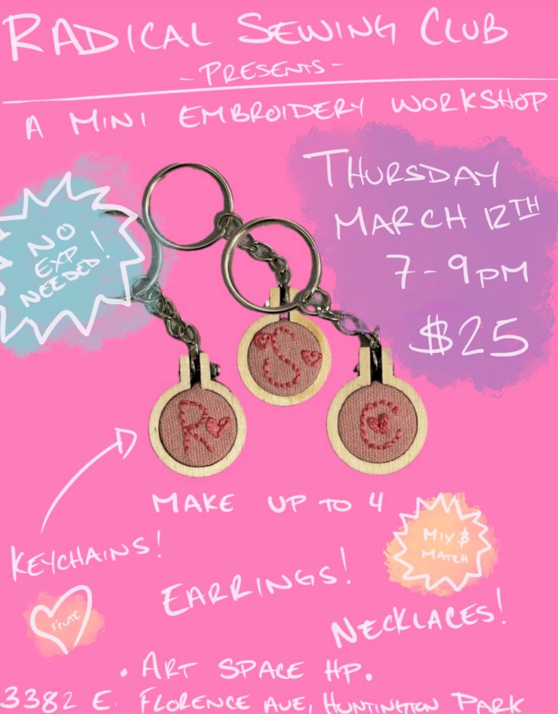 Starting this month, @radicalsewingclub will be hosting monthly, project based workshops at Art Space HP and estamos muy excited! 

Scout is such a patient and skilled teaching artist and will be leading us in making our own mini embroidery keychains