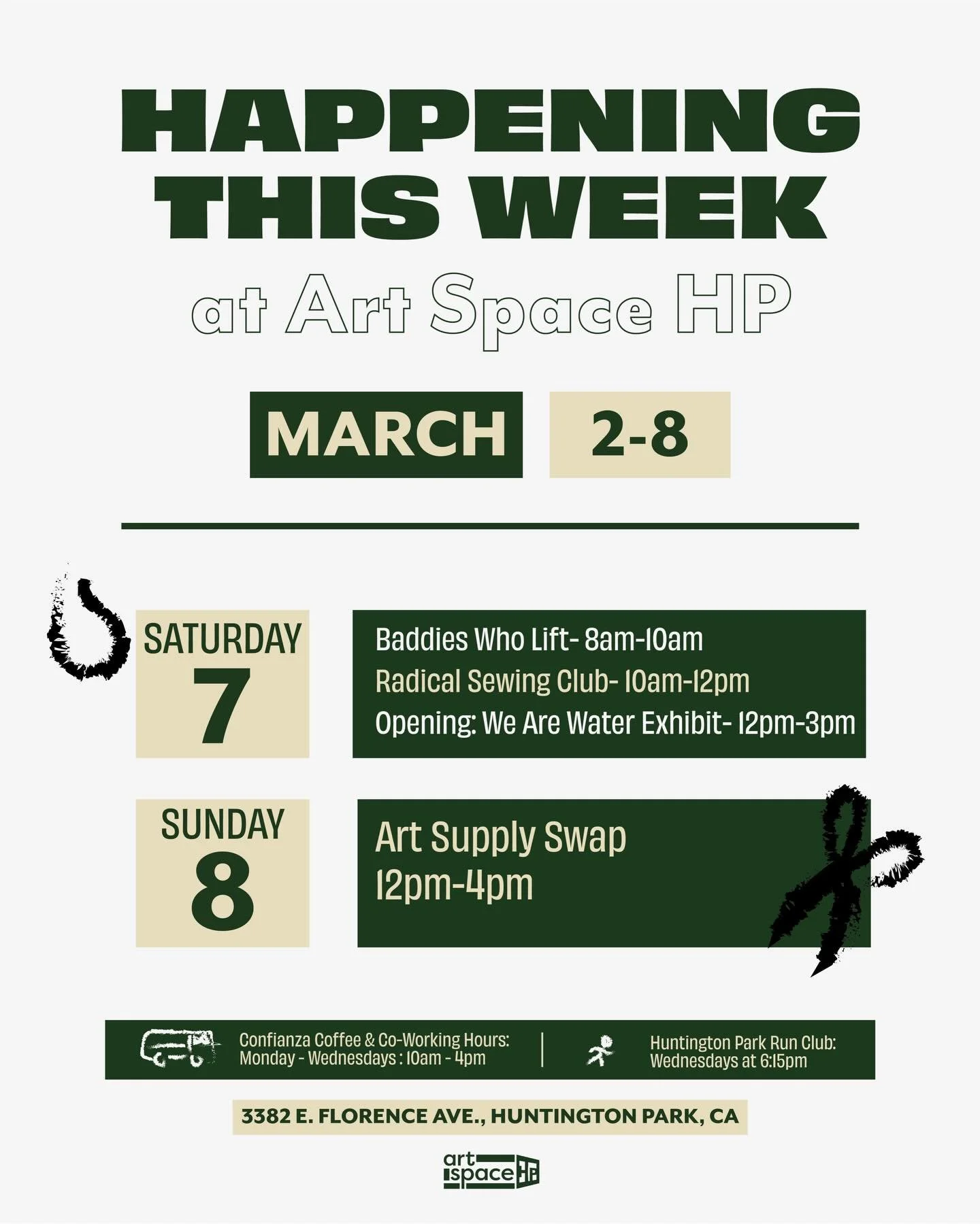 This week at Art Space HP: 

Wednesday 3.4:
📸 1-4pm with @fotolab.works 

Saturday 3.7: 
🏋🏽&zwj;♀️Baddies Who Lift: 8am-10am with @killahpisces

🪡 Radical Sewing Club: 9am-12pm @radicalsewingclub 

💧WE ARE WATER//SOMOS AGUGA opening reception 12