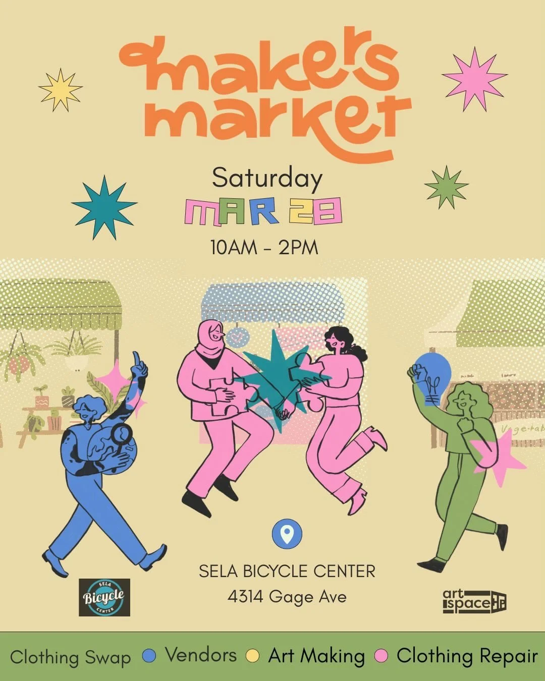 Makers Market is back! 

This time at @selabicyclecenter 🙌🏾 There will be a clothes swap, clothes mending, art making, vendors, food &amp; coffee! 

Save the date &amp; see you there! 

🗓️ March 28 10am-2pm
📍 @selabicyclecenter 4314 Gage Ave 

Cl