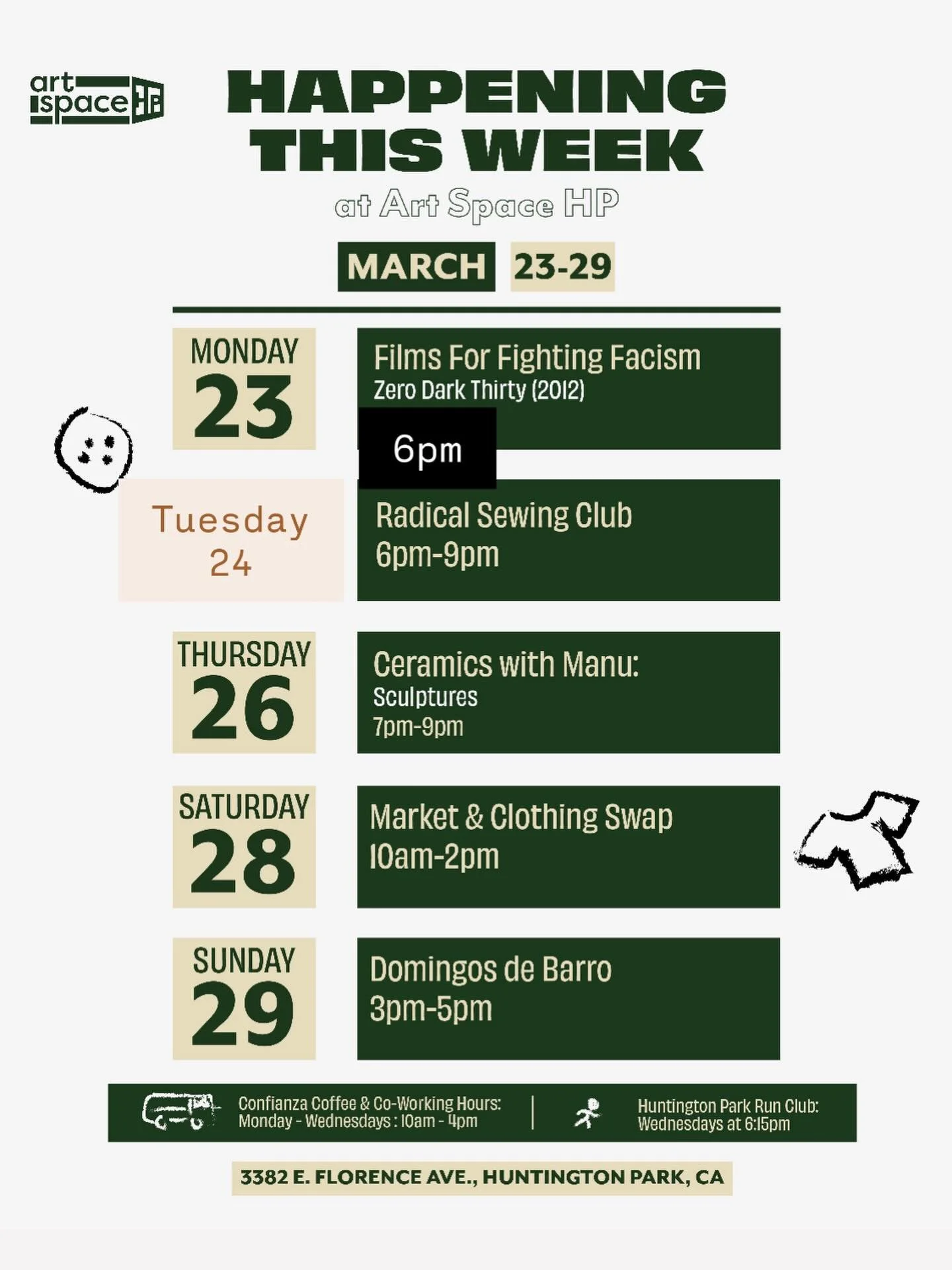 🍵☕️ Hang out in the AC with @confianzacoffee M-W 10am-4pm 

🎥 Monday join us for Films for Fighting Fascism *free*

🪡 Radical Sewing Club @radicalsewingclub moved to Tuesday! 

🏃🏽&zwj;♀️ @huntingtonparkrunclub meets on Wednesdays! 

🗿Link in bi