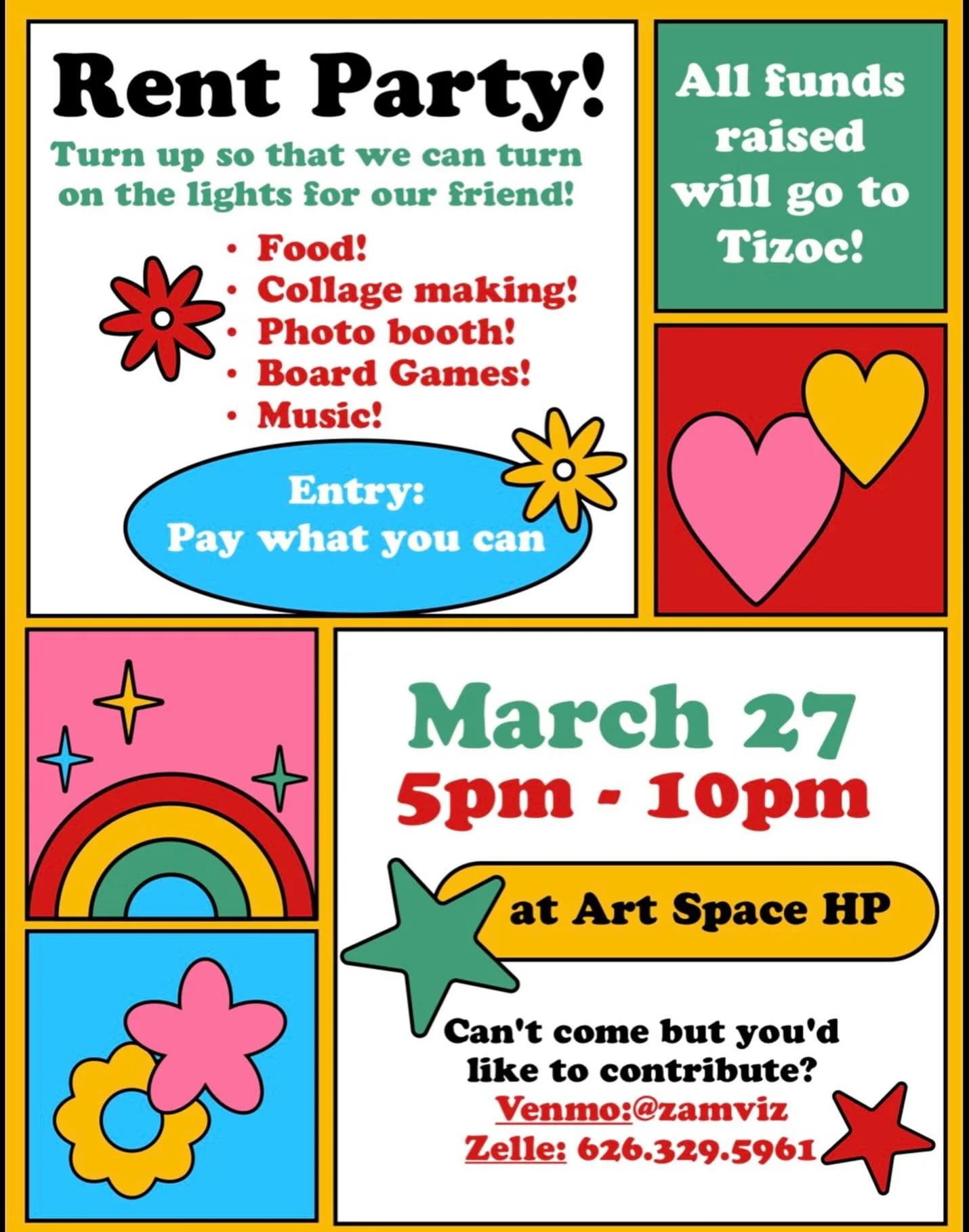 ✨Pull up, hang out, get down, and share space at Art Space HP, this Friday, March 27 5-10pm. It&rsquo;s a party to keep the lights on for our homie Tizoc!🤝

💗Can&rsquo;t make it but want to support? Send a venmo to @zamviz or zelle: 626 329 5961

E