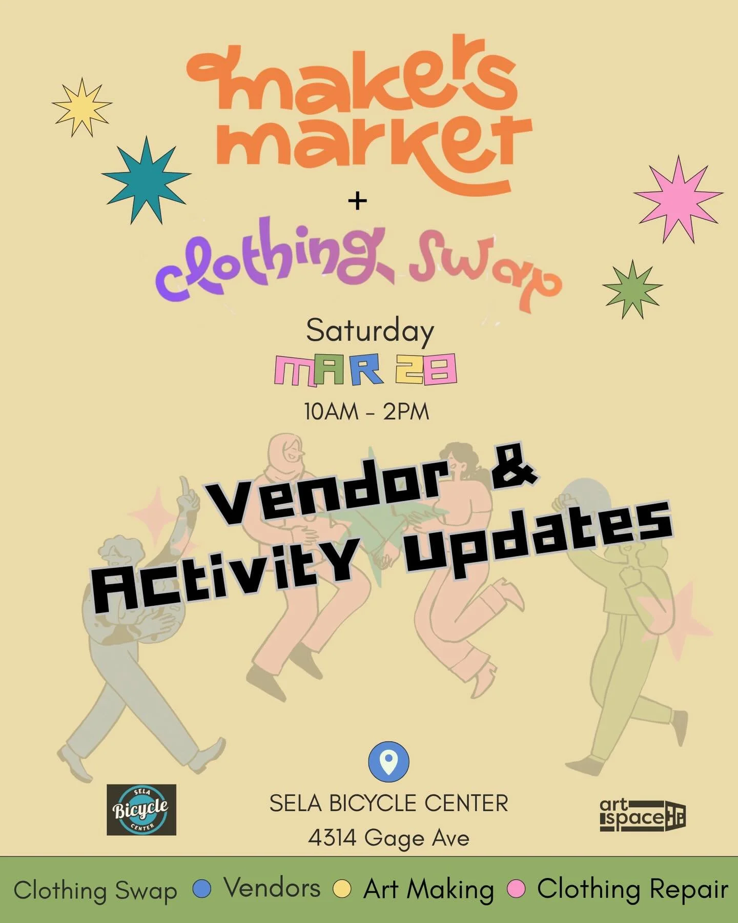 Join us tomorrow Saturday March 28th ☀️ from 10am-2pm at @selabicyclecenter for a makers market &amp; clothes swap with: 

@pikascraftsandmerch 
@sweet_dreams_pastries 
@tarjetitasconamorxgo 
@onedae_art 
@raddadburgers 
Photo Booth by @fotolab.works