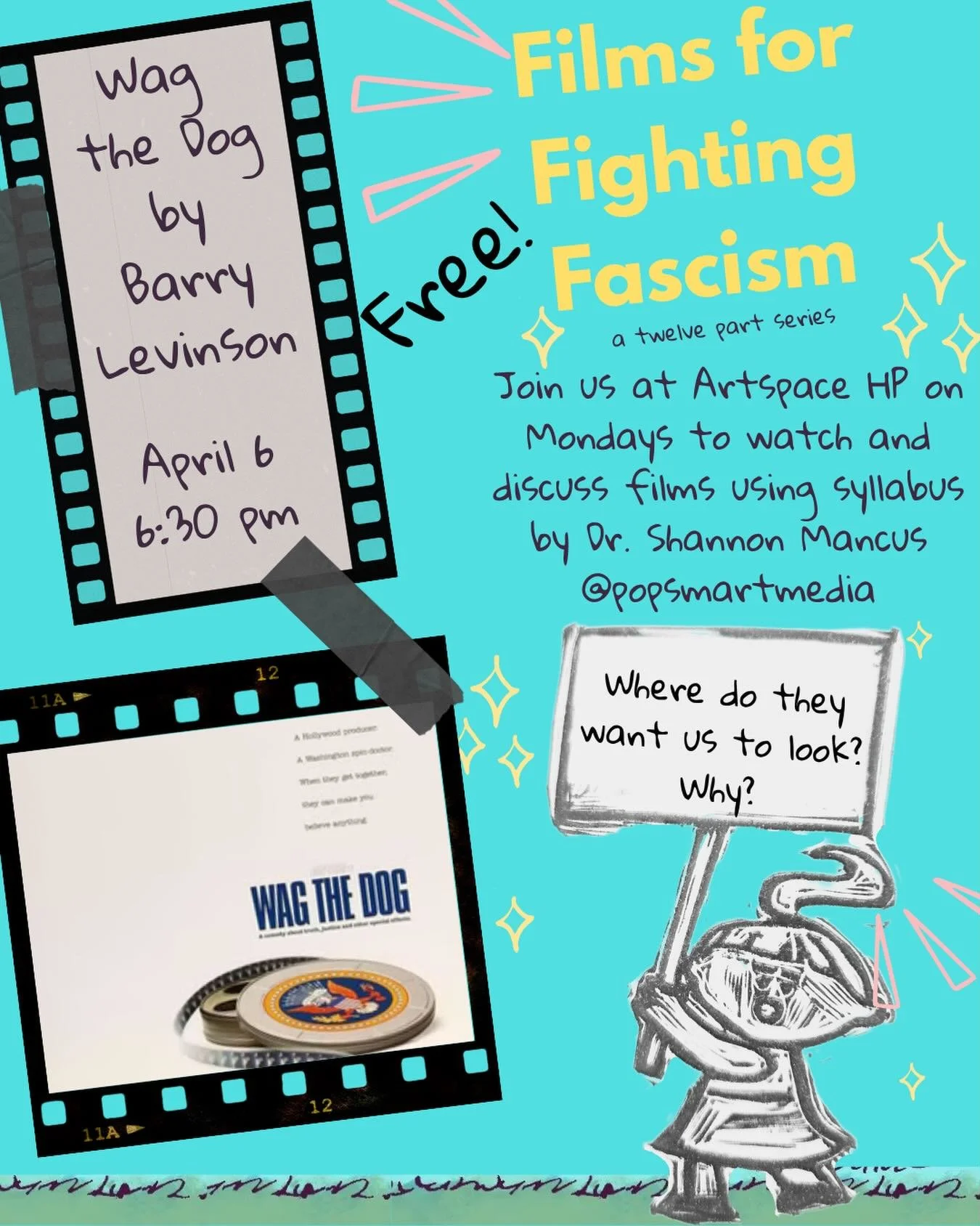 We&rsquo;ll be watching WAG THE DOG on Monday, April 6th at 6:30pm as part of the FFF film series. 

Discussion following the film. Come gather, watch &amp; discuss!