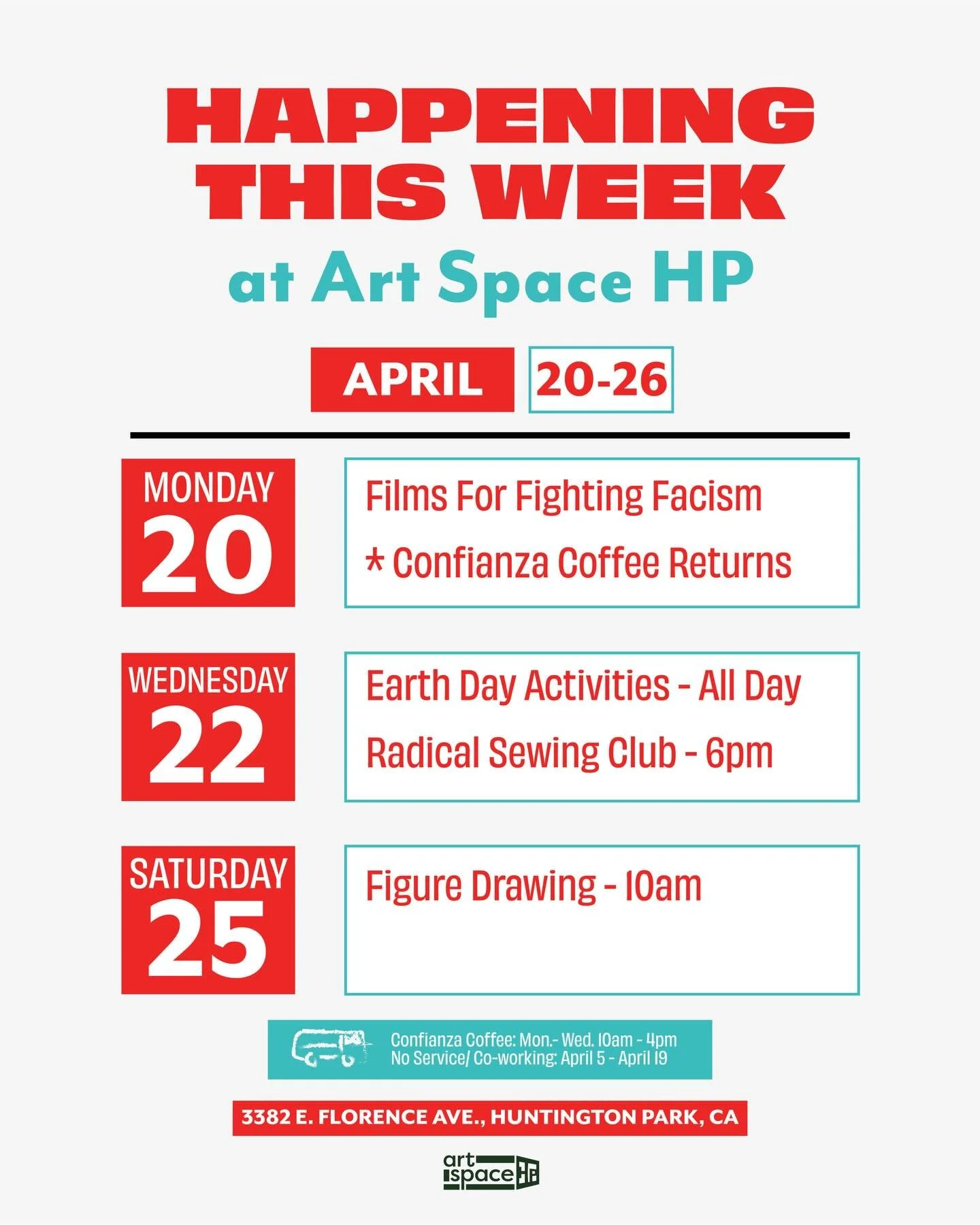 @confianzacoffee is back! 

🎥 fff this week with film &amp; discussion

Spend 🌍 day with us on Wednesday!

Saturday is our first figure drawing class - come practice your sketching in community. Link in bio for tickets. 

See you this week.