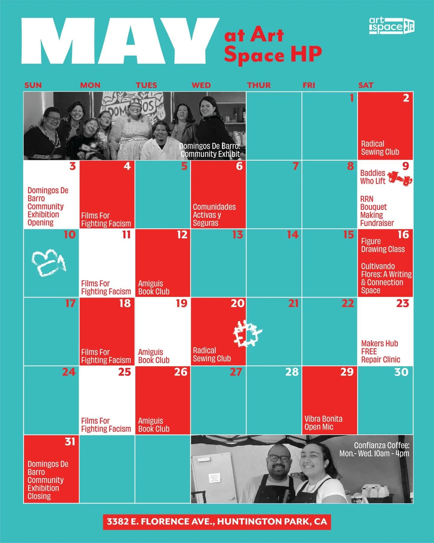 May @ Art Space HP

A new exhibition is up now!!! And stay tuned for writing workshop and Vibra Bonita this month!!!!!

Coffee with confianza, and workshops, sewing with radical sewing club, lifting with baddies, and films...see you this month!

** L