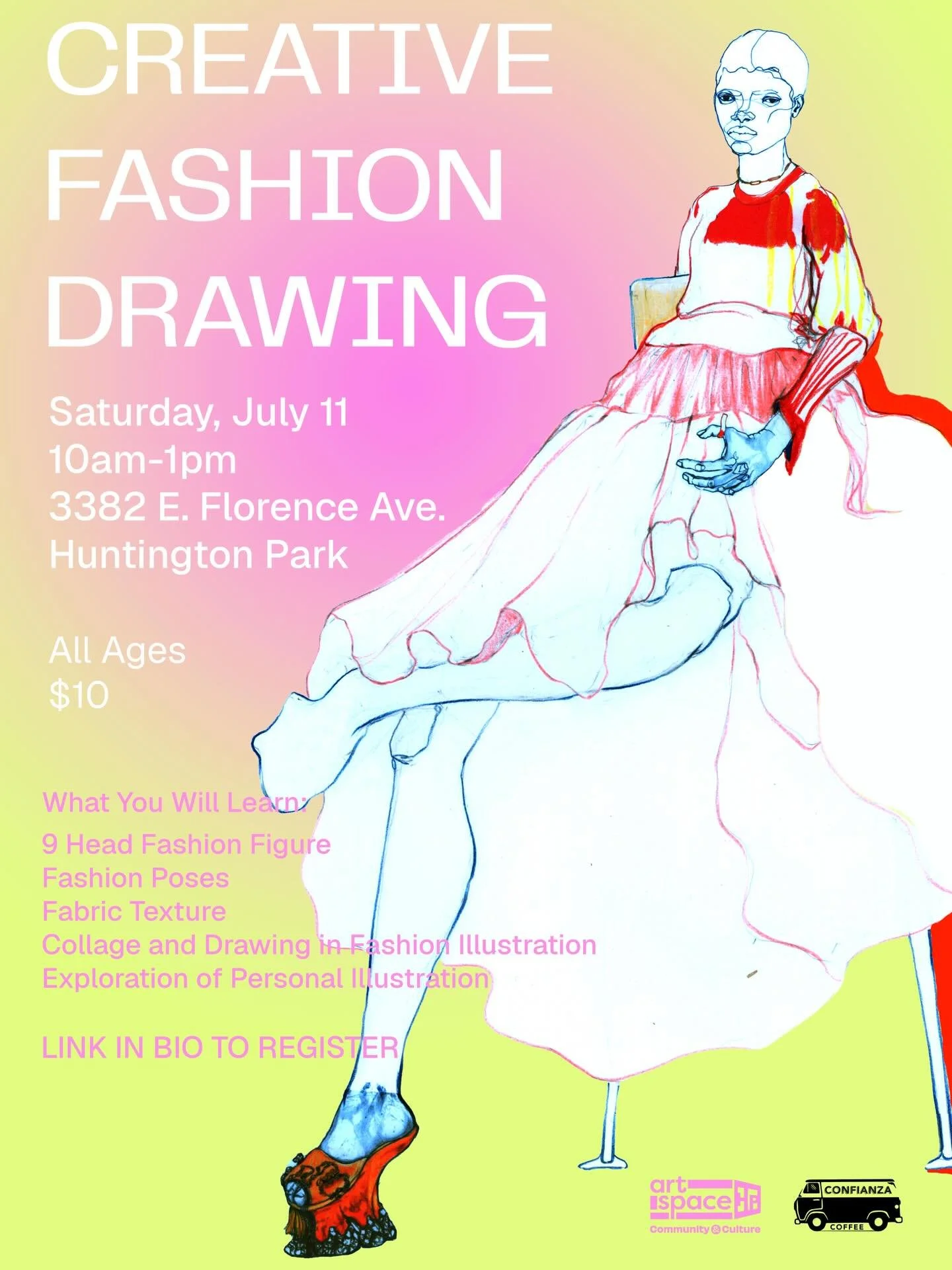 Join us on July 11th for an instructor-led creative fashion drawing class! 

Paola will led us through this class open to all ages @confianzacoffee will be vending coffee, matcha &amp; more.

We will learn some drawing basics, and also learn what you
