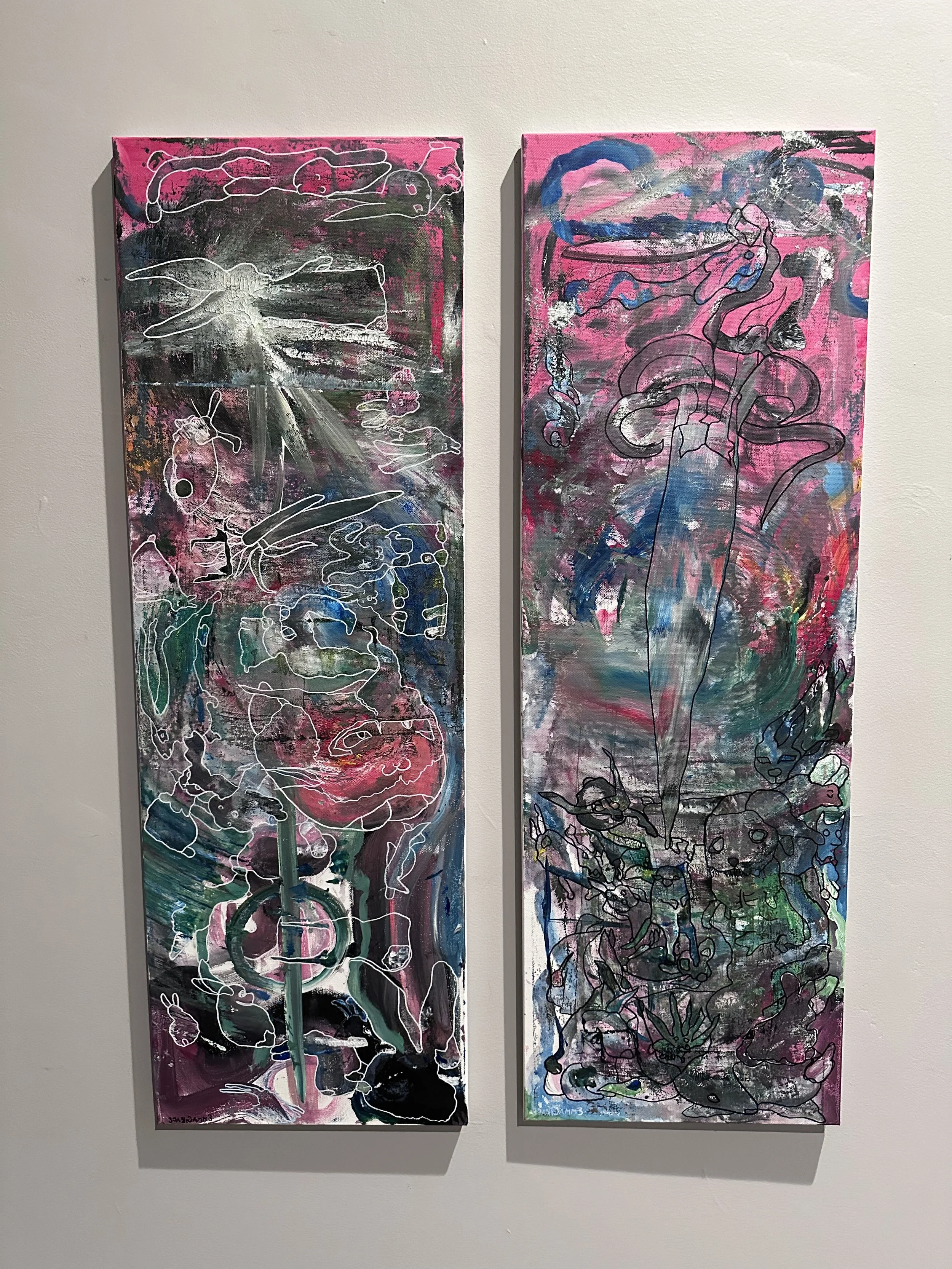 'good and evil rabbits' acrylic paintings SOLD