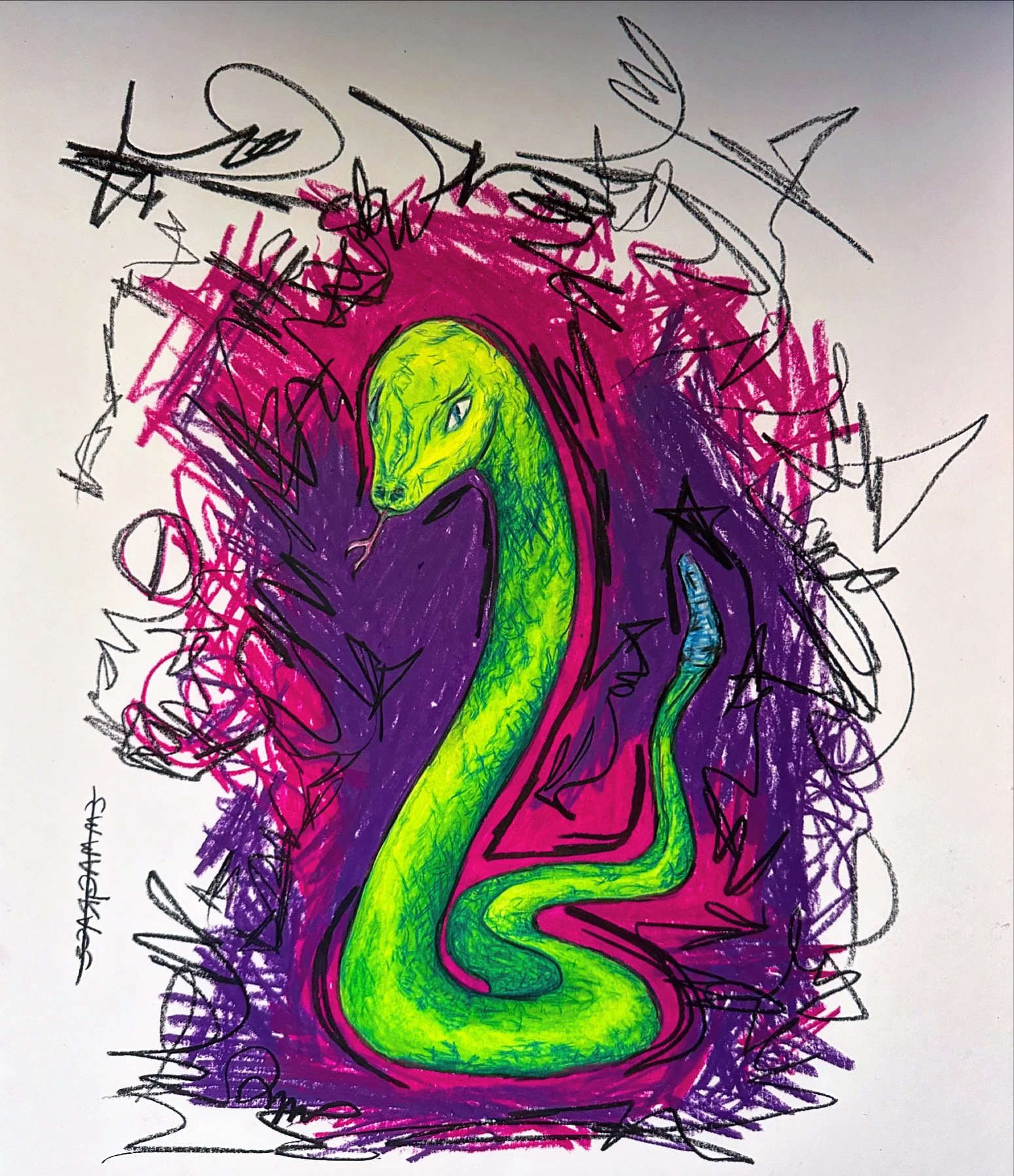 'dream snake' oil pastel pencil drawing